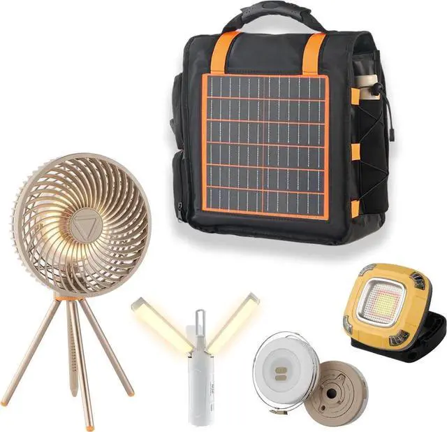 Main image of Solar Panel Charging Bag for Outdoor Camping 10W 5V Charge for Phones and Device Contains 1 Rechargeable Folding Fan and 3 Different Rechargeable Camping Lamps 5 in 1 Camping Essentials Handbag