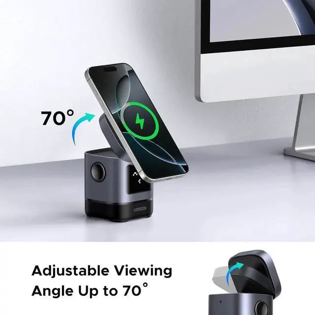 Alt view image 4 of 6 - Uno Qi2 Certified 15W Wireless Charger Stand 2-in-1 Foldable Charging Station Compatible with iPhone 16/15/14/13/12 Series AirPods 2/3/Pro (No AC Adapter)
