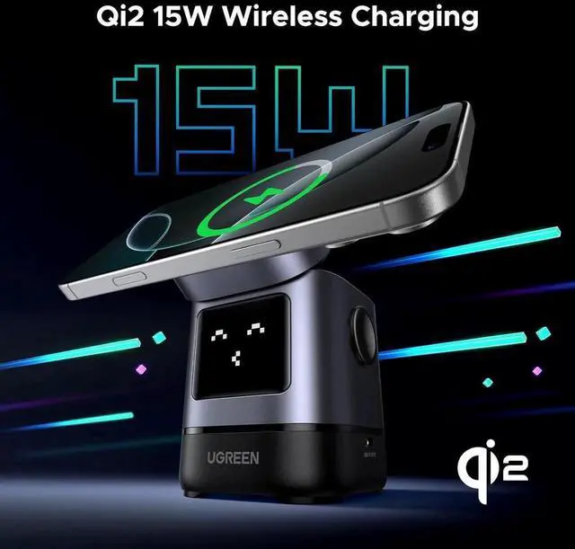 Alt view image 3 of 6 - Uno Qi2 Certified 15W Wireless Charger Stand 2-in-1 Foldable Charging Station Compatible with iPhone 16/15/14/13/12 Series AirPods 2/3/Pro (No AC Adapter)