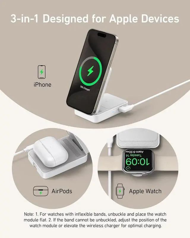 Alt view image 3 of 6 - MagGo 3 in 1 iPhone 16 Charging Station MagSafe-Compatible Wireless Charger Stand Qi2 Certified 15W Foldable Charger for iPhone 15 AirPods Watch 9 (Not a Power Bank Adapter Included)