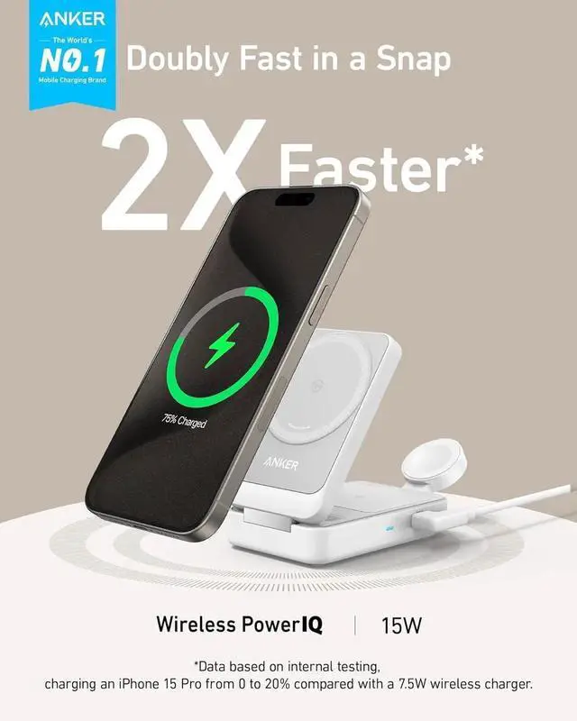 Alt view image 4 of 6 - MagGo 3 in 1 iPhone 16 Charging Station MagSafe-Compatible Wireless Charger Stand Qi2 Certified 15W Foldable Charger for iPhone 15 AirPods Watch 9 (Not a Power Bank Adapter Included)