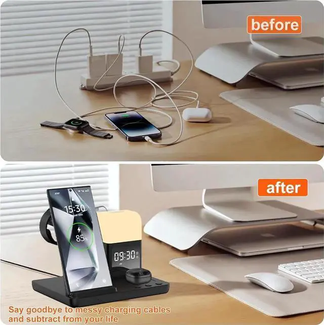 Alt view image 5 of 7 - Wireless Charger for /Android Charging Station 6 in 1 Fast Watch Charger with Alarm Clock-Night Light Compatible for Galaxy S25 Ultra/S24/S23 Only for Watch7 Galaxy Buds3 Pro(Black)