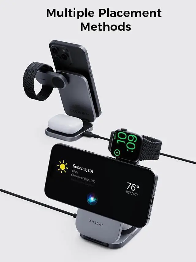 Alt view image 2 of 7 - 3 in 1 Charging Station MagFusion Z Foldable Qi2 Certified 15W Wireless Charger Stand Compatible with MagSafe for iPhone 16/15/14/13/12 Watch AirPods (30W PD Charger Included)