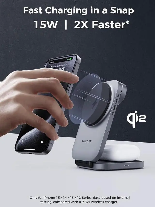 Alt view image 5 of 7 - 3 in 1 Charging Station MagFusion Z Foldable Qi2 Certified 15W Wireless Charger Stand Compatible with MagSafe for iPhone 16/15/14/13/12 Watch AirPods (30W PD Charger Included)