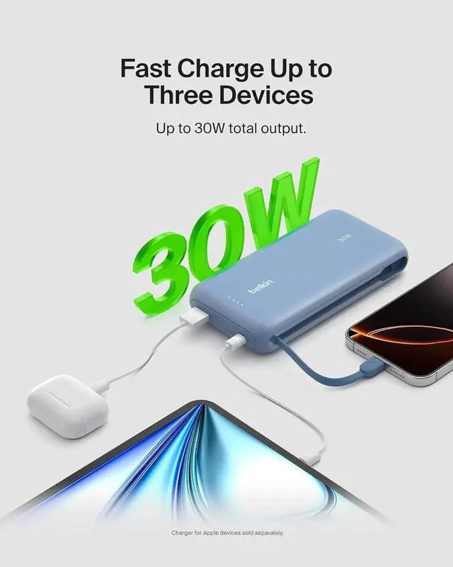Alt view image 3 of 7 - JAENFONG Portable Charger Power Bank with Integrated Cable 20000 mAh 30W - Fast Charging USB C Power Delivery iPhone Charger - iPhone 16 Series iPad Pro Galaxy S25 Series & More - Blue