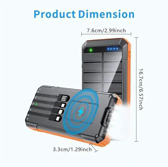 Alt view image 5 of 7 - JAENFONG Power Bank Wireless Charger 52800mAh Built in 4 Cables 7 Outputs 22.5W Fast Charging Power Bank for All Mobile Devices 4Inputs Solar Portable Charger with Dual Flashlights (Orange)