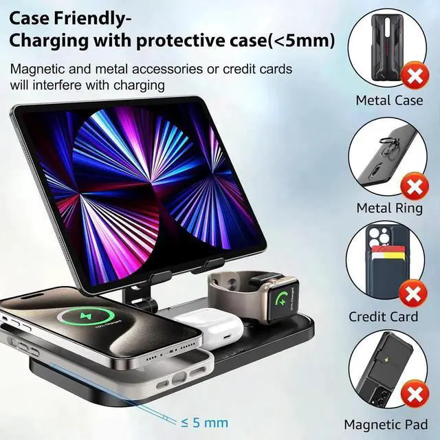Alt view image 5 of 7 - Wireless Charger 4 in 1 for Charging Station for iPhone 17 Pro Max/16/15 Series 2 iPad Stand Watch Charger for iWatch Series 10/9/8 Wireless Charging Station for Multiple Devices