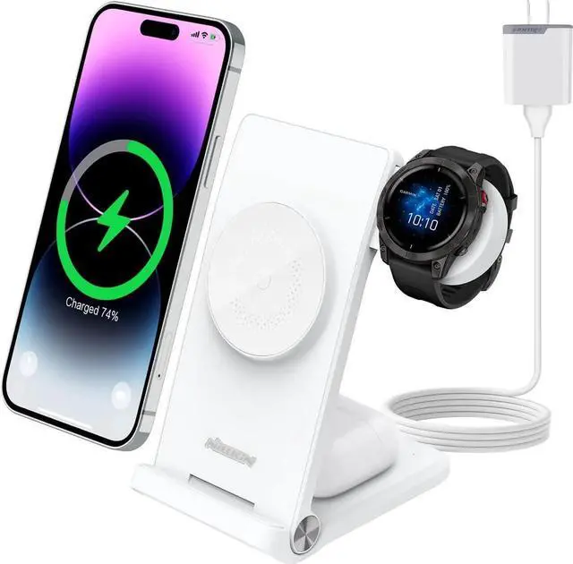 Main image of 3 in 1 Magsafe Wireless Charging Station Garmin Watch Charger Stand for Fenix 7/7S/8 Forerunner 245/745/945/965 Tactix Enduro Epix Foldable Charger for iPhone 16/15/14 & AirPods with Adapter