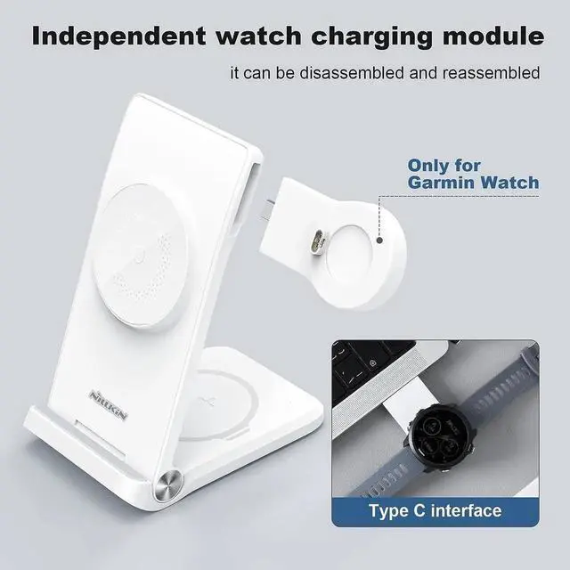 Alt view image 4 of 6 - 3 in 1 Magsafe Wireless Charging Station Garmin Watch Charger Stand for Fenix 7/7S/8 Forerunner 245/745/945/965 Tactix Enduro Epix Foldable Charger for iPhone 16/15/14 & AirPods with Adapter