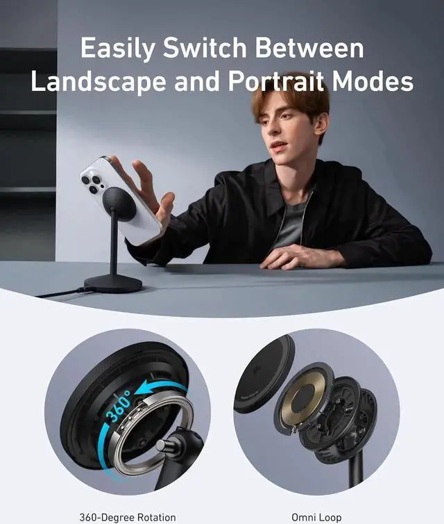 Alt view image 6 of 6 - MagGo iPhone 16 MagSafe Charger Stand 15W Fast Magnetic Wireless Charging Station Qi2 Certified 360° Wireless Charger for iPhone 16/15/14 Series and AirPods (25W Adapter Included)