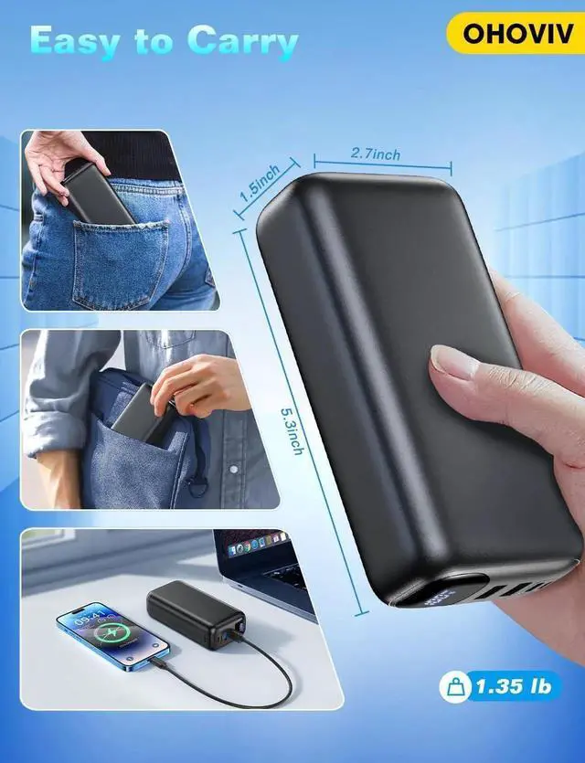 Alt view image 3 of 6 - JAENFONG Portable Charger 50000mAh Power Bank - 22.5W Fast Charging External Battery Pack LED Display USB-C Portable Cell Phone Charger for iPhone 16/15/14/13 Pro Android Galaxy Etc