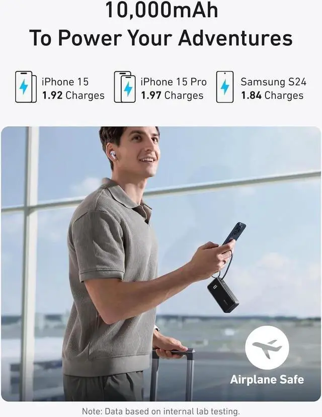 Alt view image 5 of 6 - JAENFONG Nano 3-in-1 Portable iPhone Charger 10 000mAh Power Bank with Built-in USB-C Cable and Foldable Wall Plug 30W Max Battery Pack Travel Essentials for iPhone 16/15 Series Galaxy MacBook