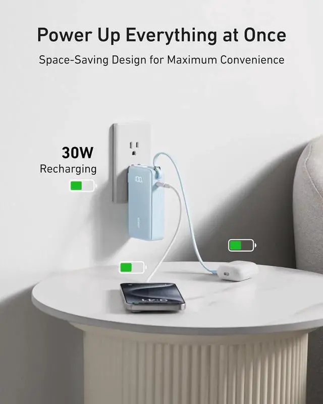 Alt view image 6 of 6 - JAENFONG Nano 3-in-1 Portable iPhone Charger 10 000mAh Power Bank with Built-in USB-C Cable and Foldable Wall Plug 30W Max Battery Pack Travel Essentials for iPhone 16/15 Series Galaxy MacBook