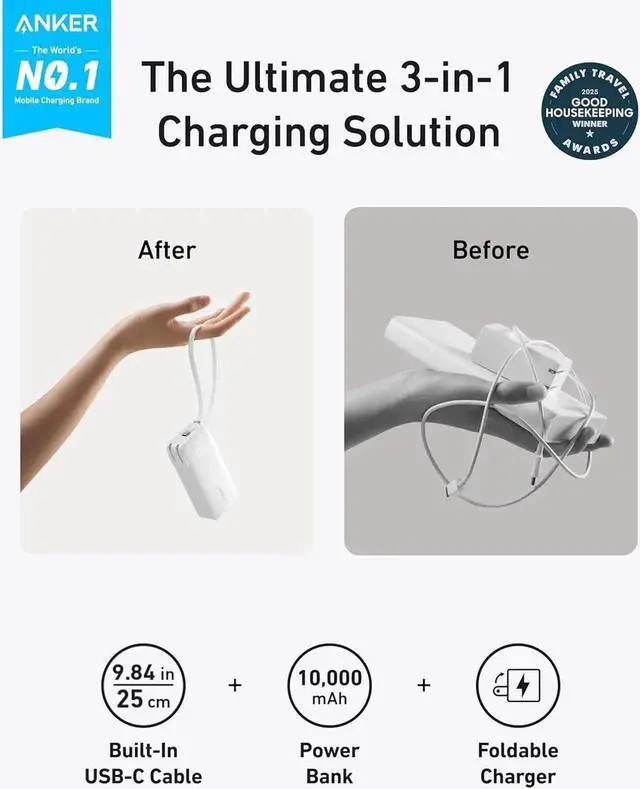 Alt view image 2 of 6 - JAENFONG Nano 3-in-1 Portable iPhone Charger 10 000mAh Power Bank with Built-in USB-C Cable and Foldable Wall Plug 30W Max Battery Pack Travel Essentials for iPhone 16/15 Series Galaxy MacBook