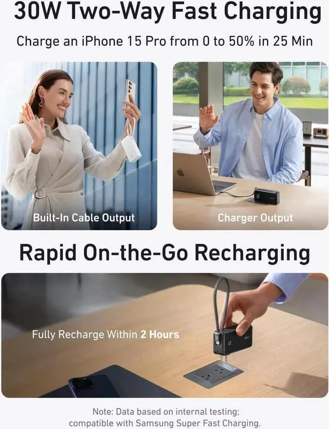 Alt view image 4 of 6 - JAENFONG Nano 3-in-1 Portable iPhone Charger 10 000mAh Power Bank with Built-in USB-C Cable and Foldable Wall Plug 30W Max Battery Pack Travel Essentials for iPhone 16/15 Series Galaxy MacBook