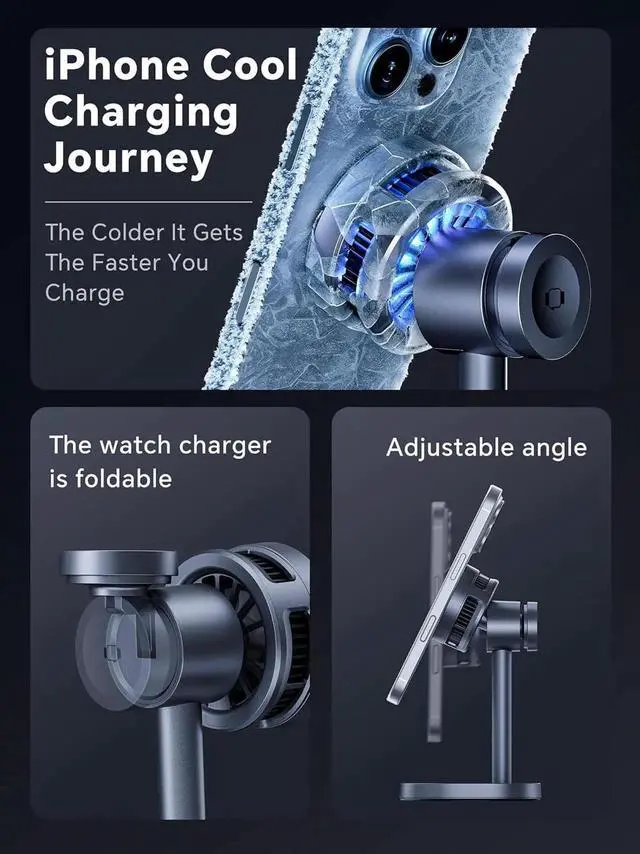 Alt view image 7 of 7 - Active Cooling Qi2 Certified iPhone Charger Magnetic 3 in 1 Wireless Charging Station 15W Fast Charger Stand for 17/16/15/14/13/12 Series Watch AirPods(Adapter Included)