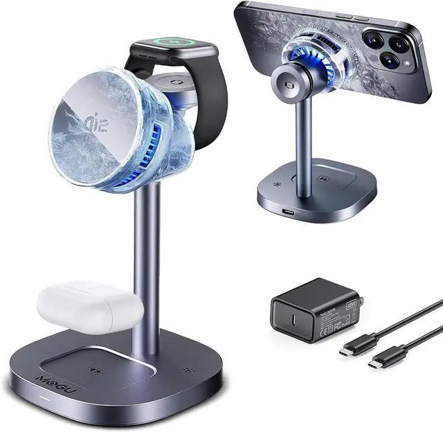 Main image of Active Cooling Qi2 Certified iPhone Charger Magnetic 3 in 1 Wireless Charging Station 15W Fast Charger Stand for 17/16/15/14/13/12 Series Watch AirPods(Adapter Included)