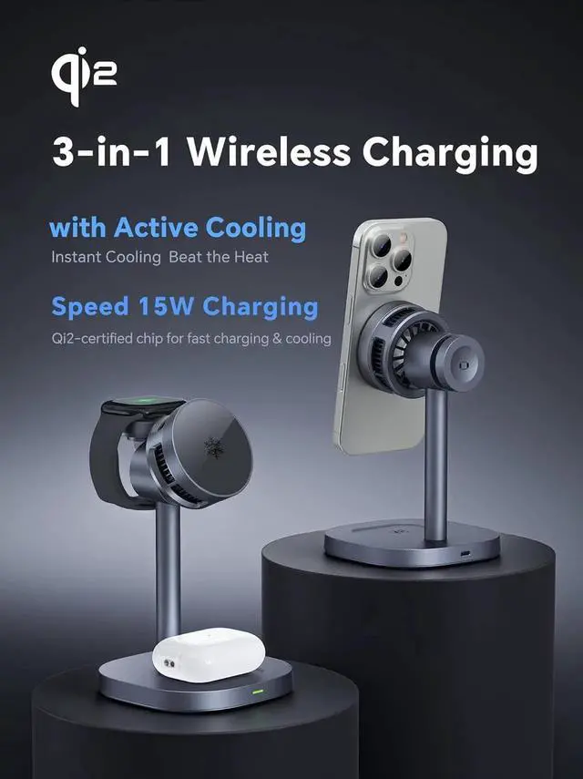 Alt view image 3 of 7 - Active Cooling Qi2 Certified iPhone Charger Magnetic 3 in 1 Wireless Charging Station 15W Fast Charger Stand for 17/16/15/14/13/12 Series Watch AirPods(Adapter Included)