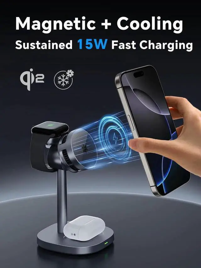 Alt view image 6 of 7 - Active Cooling Qi2 Certified iPhone Charger Magnetic 3 in 1 Wireless Charging Station 15W Fast Charger Stand for 17/16/15/14/13/12 Series Watch AirPods(Adapter Included)