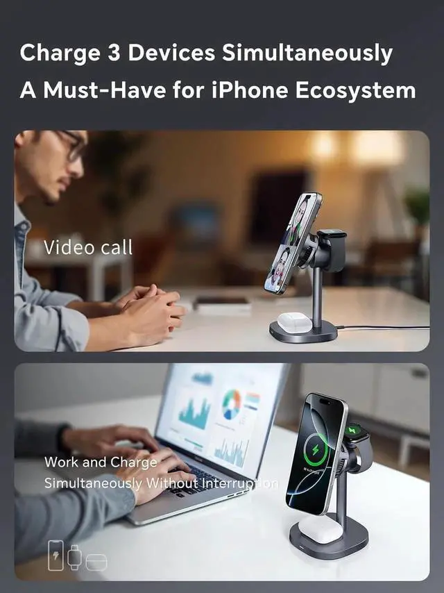 Alt view image 5 of 7 - Active Cooling Qi2 Certified iPhone Charger Magnetic 3 in 1 Wireless Charging Station 15W Fast Charger Stand for 17/16/15/14/13/12 Series Watch AirPods(Adapter Included)