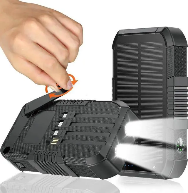 Main image of JAENFONG Solar Power Bank 66800mAh Built in Hand Crank and 4 Cables 22.5W Fast Charge Camping Essentials/SOS/Strobe/Strong Flashlights Compass Solar Portable Charger Power Bank (Black)