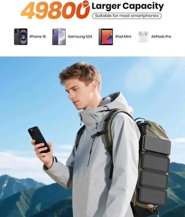 Alt view image 4 of 7 - JAENFONG Solar-Charger-Power-Bank-49800mAh 20W Fast Charging Portable Charger with Built-in 3 Cables & 4 Solar Panels USB C Solar Battery Bank with LED Flashlights for Smartphones Tablets