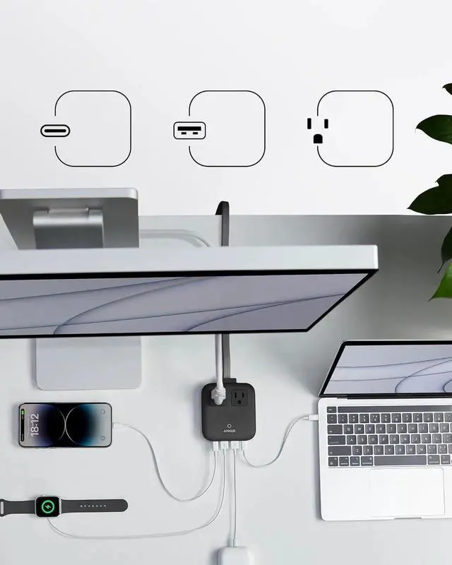 Alt view image 5 of 5 - Nano Charging Station(67W Max) 6-in-1 USB-C Power Strip for iPhone 16/15 and MacBook with Flat Plug and 5ft Thin Undetachable Extension Cord 2 AC 2 USB-A 2 USB-C for Home&Office