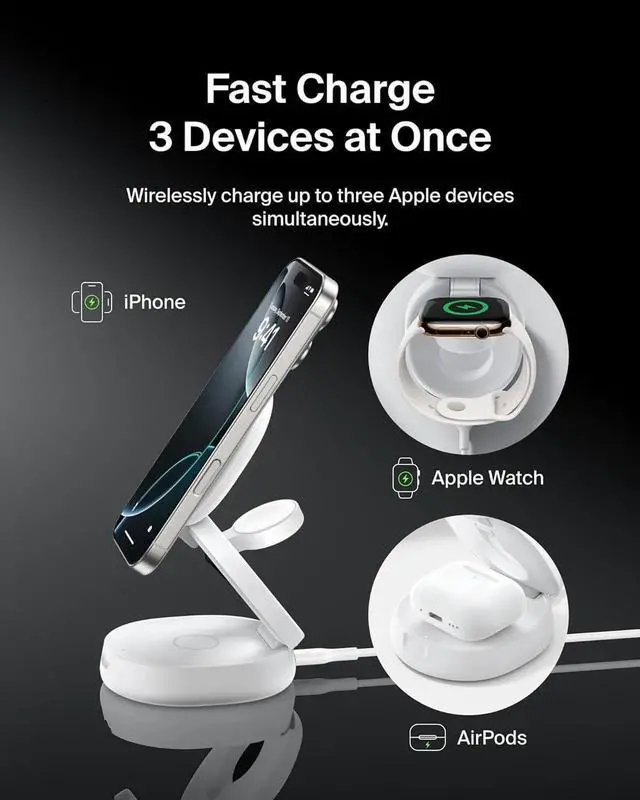 Alt view image 4 of 5 - MagSafe Charger Compatible 3-in-1 Qi2 Wireless Charging Station 15W Convertible Wireless Charger for iPhone 16 Watch AirPods Portable Phone Stand for Travel w/ 36W Adapter - White