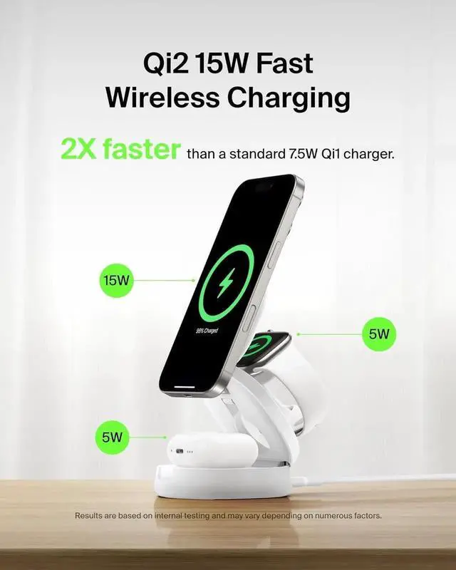 Main image of MagSafe Charger Compatible 3-in-1 Qi2 Wireless Charging Station 15W Convertible Wireless Charger for iPhone 16 Watch AirPods Portable Phone Stand for Travel w/ 36W Adapter - White