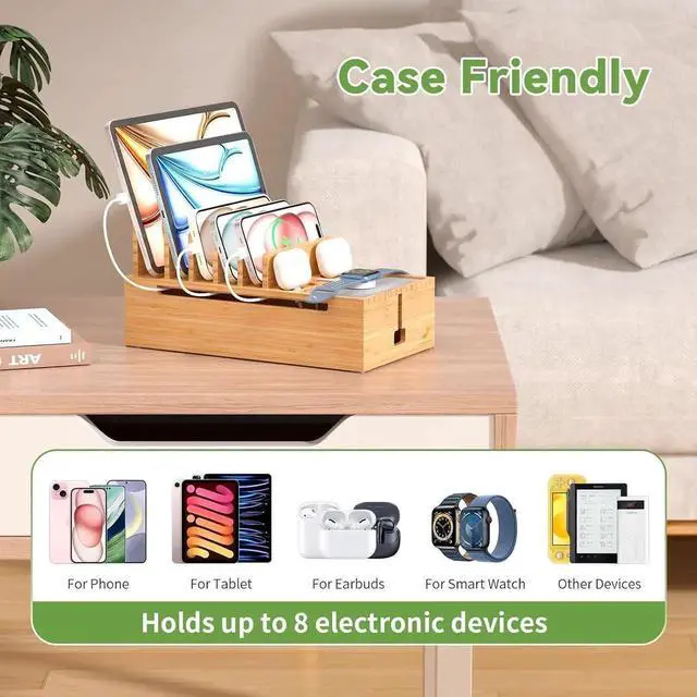 Alt view image 5 of 6 - Cell Phone Charging Station for Multi Devices All in One Desktop Charger Organizer with Power USB Charge Adapter and 6 Cables Use As Power Strip Hidden Box -Natural Bamboo Color
