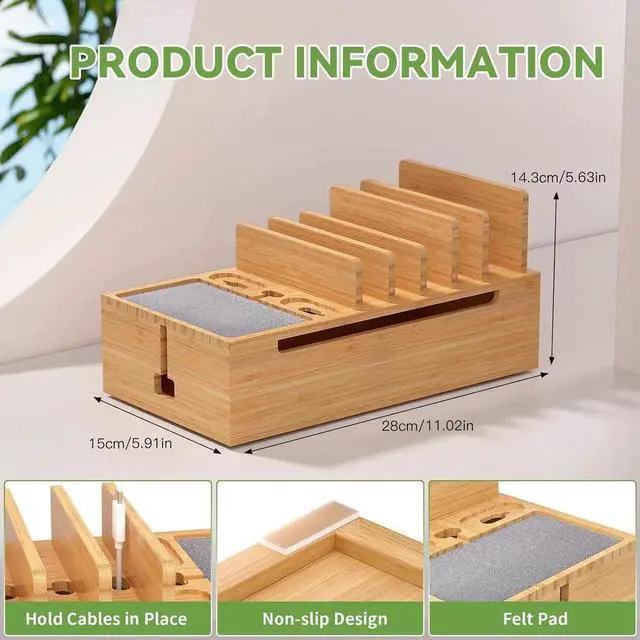 Alt view image 2 of 6 - Cell Phone Charging Station for Multi Devices All in One Desktop Charger Organizer with Power USB Charge Adapter and 6 Cables Use As Power Strip Hidden Box -Natural Bamboo Color
