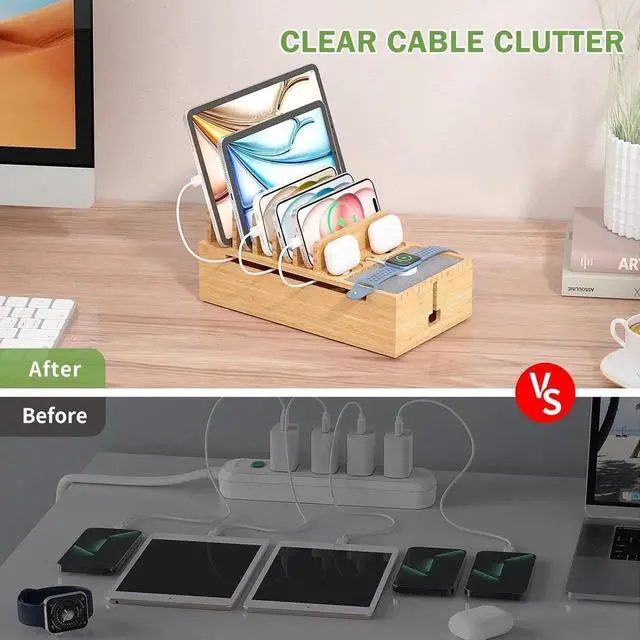 Alt view image 3 of 6 - Cell Phone Charging Station for Multi Devices All in One Desktop Charger Organizer with Power USB Charge Adapter and 6 Cables Use As Power Strip Hidden Box -Natural Bamboo Color