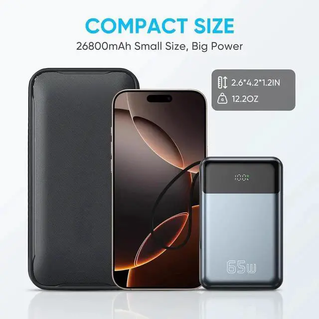 Alt view image 5 of 6 - JAENFONG Laptop Power Bank 26800mAh Laptop Portable Charger with Built in Type-c Cable 65W Fast Charging 3-Port Battery Pack Smart Display for MacBook iPad iPhone Switch AirPods