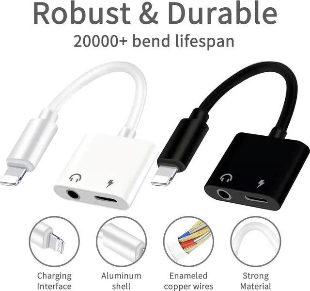 Alt view image 3 of 7 - (2 Pack - White & Black) Lightning to 3.5mm Headphones Jack Adapter for iPhone MFi Certified Dongle 2 in 1 Aux Audio and Charger Splitter Adapter Compatible with iPhone 14/13/12/11/XS/XR/SE/8/7