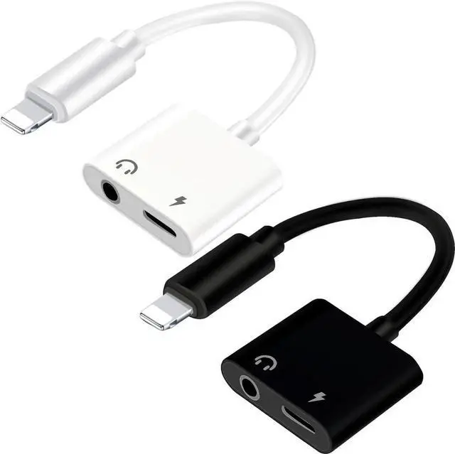 Main image of (2 Pack - White & Black) Lightning to 3.5mm Headphones Jack Adapter for iPhone MFi Certified Dongle 2 in 1 Aux Audio and Charger Splitter Adapter Compatible with iPhone 14/13/12/11/XS/XR/SE/8/7
