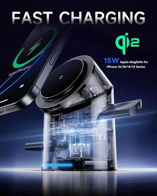 Alt view image 4 of 7 - JAENFONG 3 in 1 Charging Station for Devices Mag-Safe Charger Stand Qi2 15W Auto-Rotating Wireless Charger for iPhone 16/15/14/13/12 Series& AirPods& iWatch(Black)