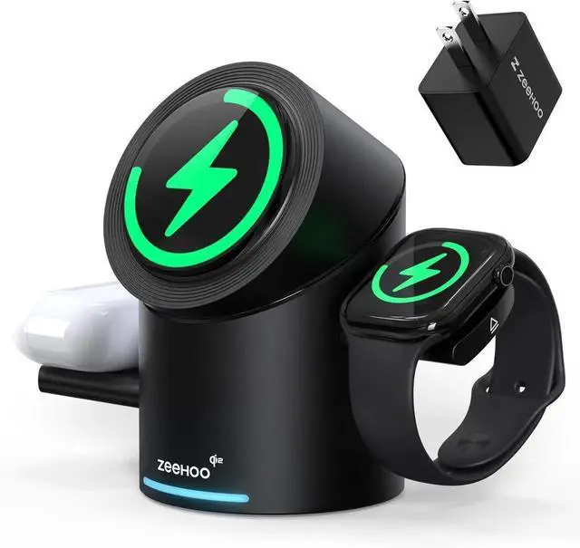 Main image of JAENFONG 3 in 1 Charging Station for Devices Mag-Safe Charger Stand Qi2 15W Auto-Rotating Wireless Charger for iPhone 16/15/14/13/12 Series& AirPods& iWatch(Black)