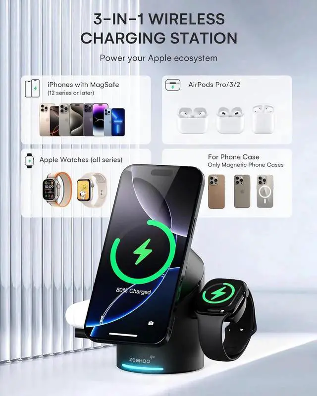 Alt view image 2 of 7 - JAENFONG 3 in 1 Charging Station for Devices Mag-Safe Charger Stand Qi2 15W Auto-Rotating Wireless Charger for iPhone 16/15/14/13/12 Series& AirPods& iWatch(Black)