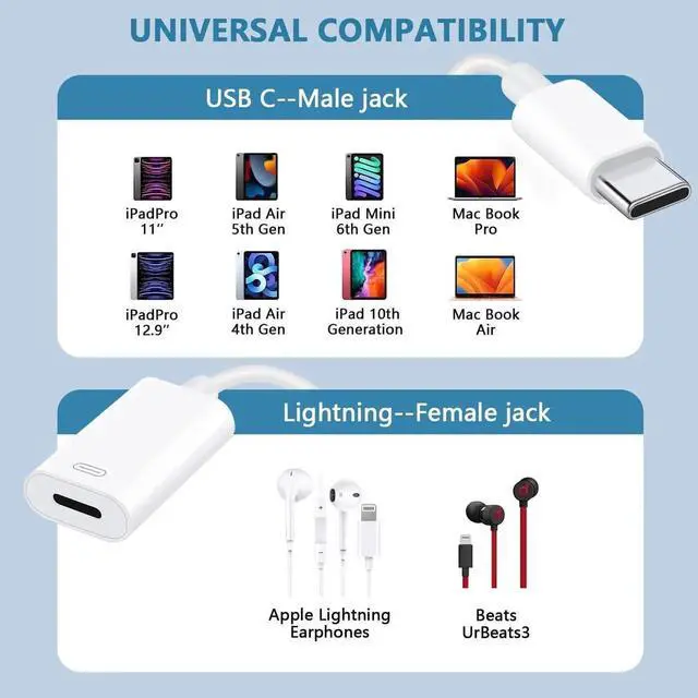 Alt view image 2 of 6 - USB C to Lightning Headphone Audio Adapter for iPhone 16 15 Plus Pro Max with Charge Data Type C Male to Female Lightning Earphone Converter Dongle for iPad Pro Air Mini MacBook