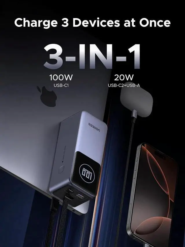 Alt view image 2 of 7 - JAENFONG Nexode Power Bank 20000mAh 130W with Built-in USB C Cable Laptop Travel Portable Charger 80W Input Fast Charging for MacBook Pro/Air/iPhone 16/iPad Pro/Galaxy S25 Ultra//HP and More