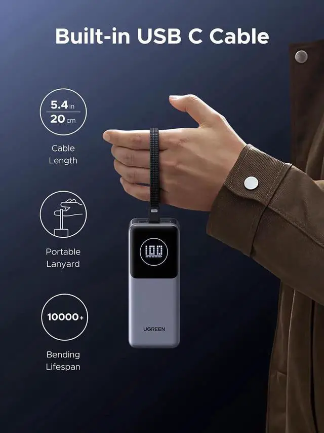 Alt view image 3 of 7 - JAENFONG Nexode Power Bank 20000mAh 130W with Built-in USB C Cable Laptop Travel Portable Charger 80W Input Fast Charging for MacBook Pro/Air/iPhone 16/iPad Pro/Galaxy S25 Ultra//HP and More