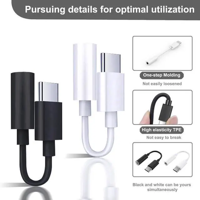 Alt view image 5 of 7 - 2 Pack USB C to 3.5mm Headphone Jack Adapter Hi-Fi DAC Audio Converter with Microphone Compatible with iPhone 15/Pro Galaxy iPad Pro MacBook Pixel Black & White