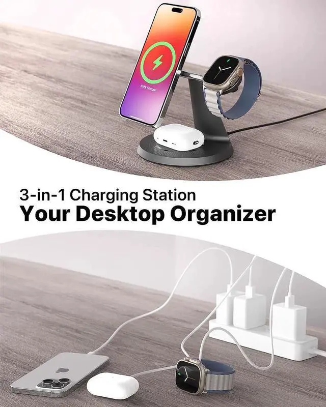 Alt view image 6 of 7 - JAENFONG 3 in 1 Wireless Charging Station for Device: Fast Charging Station for iPhone and Watch with MagSafe Stable Charger Stand for iPhone 12-16 & iWatch & AirPods