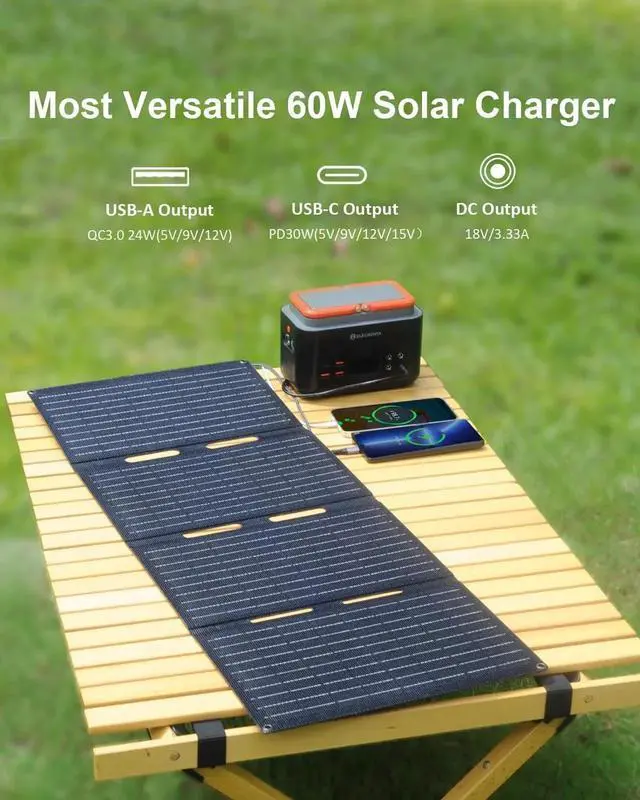 Alt view image 4 of 7 - JAENFONG 60W Portable Solar Panel for Power Station USB C & USB A and DC 18V Output IP68 Waterproof Foldable ETFE Solar Charger Compatible with iPhone Camping Hiking Outdoor