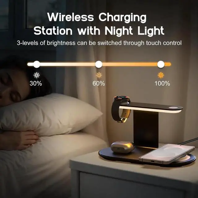Alt view image 4 of 7 - JAENFONG 4-in-1 Charging Station for /Android with 3-Level Night Light 18W Wireless Charger for Galaxy S25 Ultra/S24/S23/S22/Note 20 Galaxy Watch Ultra/8/7 Galaxy Buds 3 Pro(Black)