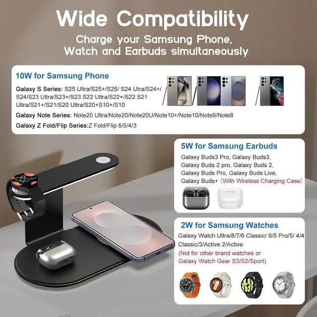 Alt view image 5 of 7 - JAENFONG 4-in-1 Charging Station for /Android with 3-Level Night Light 18W Wireless Charger for Galaxy S25 Ultra/S24/S23/S22/Note 20 Galaxy Watch Ultra/8/7 Galaxy Buds 3 Pro(Black)