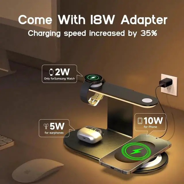 Alt view image 7 of 7 - JAENFONG 4-in-1 Charging Station for /Android with 3-Level Night Light 18W Wireless Charger for Galaxy S25 Ultra/S24/S23/S22/Note 20 Galaxy Watch Ultra/8/7 Galaxy Buds 3 Pro(Black)