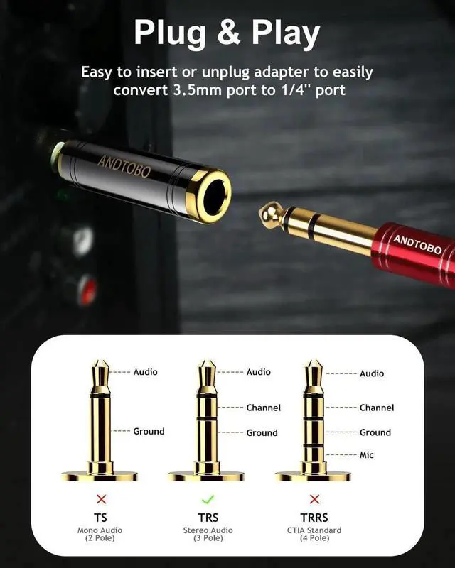 Alt view image 4 of 7 - JAENFONG 1/4 to 3.5 mm Stereo Pure Copper Headphone Adapter 3.5 mm(1/8) Plug Male to 6.35 mm (1/4) Jack Female Stereo Adapter for Headphone Amp Adapter Black 2-Pack