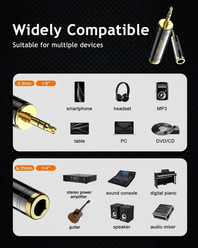 Alt view image 3 of 7 - JAENFONG 1/4 to 3.5 mm Stereo Pure Copper Headphone Adapter 3.5 mm(1/8) Plug Male to 6.35 mm (1/4) Jack Female Stereo Adapter for Headphone Amp Adapter Black 2-Pack