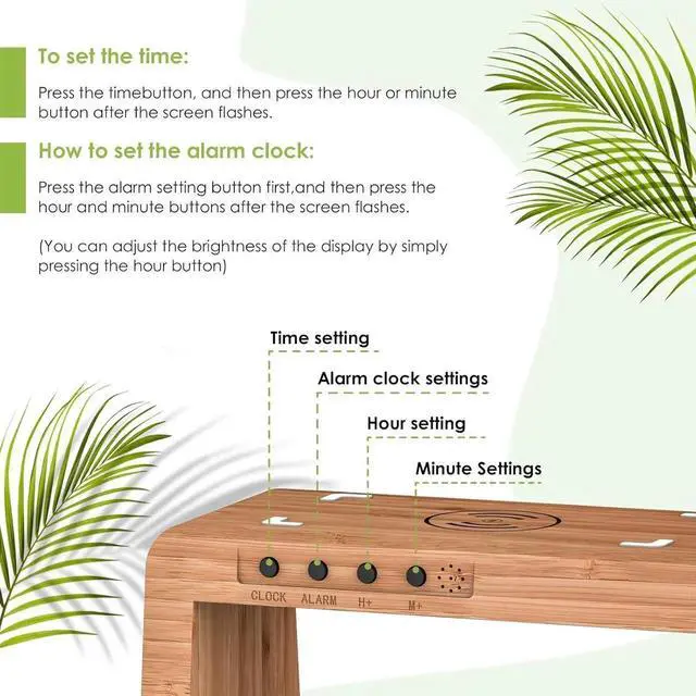 Alt view image 4 of 7 - JAENFONG Bamboo Wireless Charging Station Night Light with Digital Alarm Clock Nightstand Charging Station for Devices Fast Wireless Charger for iPhone/ Watch/